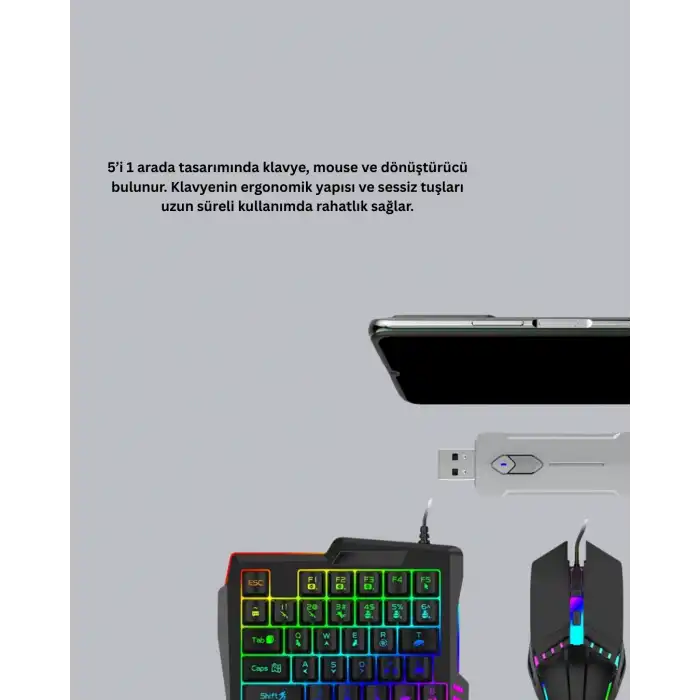 5’i 1 Arada Mobil Oyun Seti Bluetooth 5.3 Klavye Mouse Dönüştürücü Gaming Kit
