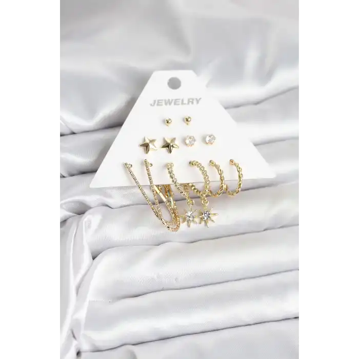 6 Çift Kadın Küpe Seti Gold Renk