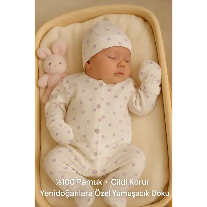 Mor Kalp Desenli %100 Pamuk Yenidoğan Hastane Çıkışı 5li Zıbın Seti