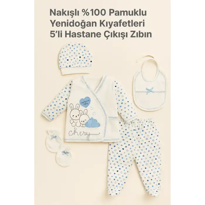 Nakışlı %100 Pamuk 5’li Yenidoğan Hastane Çıkışı Zıbın Seti | Tavşan Desenli Organik Bebek Kıyafetleri