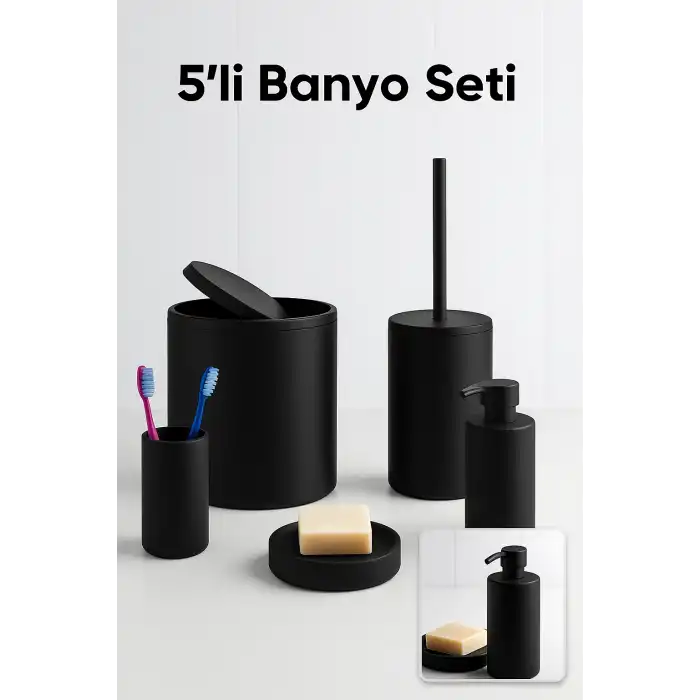 Siyah 5’li Banyo Seti – Çöp Kovası, Tuvalet Fırçası, Sabunluk ve Aksesuarlar