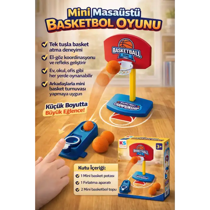 Mini Masaüstü Basketbol Oyunu – Tek Tuşlu Fırlatma, 2 Toplu, Eğitici & Eğlenceli