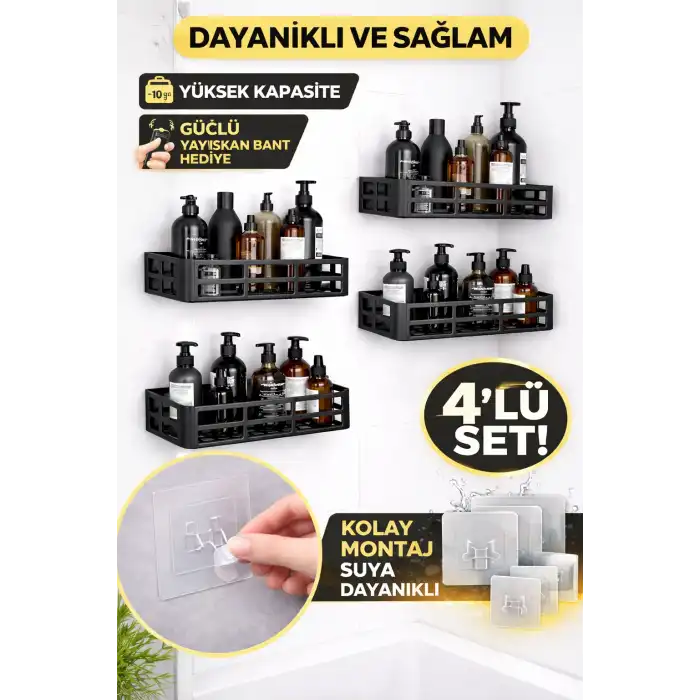 Duş İçi Yapışkanlı Banyo Rafı 4’lü Set | Delme Yok | Güçlü Yapışkan Bantlı Organizer
