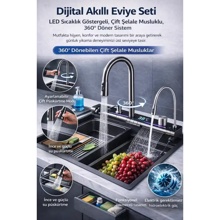 Dijital Akıllı Eviye Seti – LED Isı Göstergeli, Çift Şelale Musluk, 360° Döner, Hidroelektrik Sistem