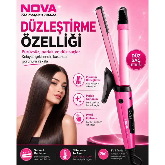 2’si 1 Arada Saç Düzleştirici ve Bukle Yapıcı Seramik Plakalı Saç Şekillendirici