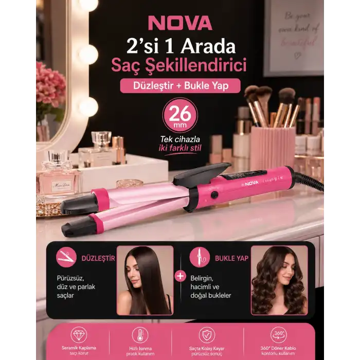 Seramik Kaplamalı Saç Düzleştirici ve Bukle Maşası 2’si 1 Arada Şekillendirici