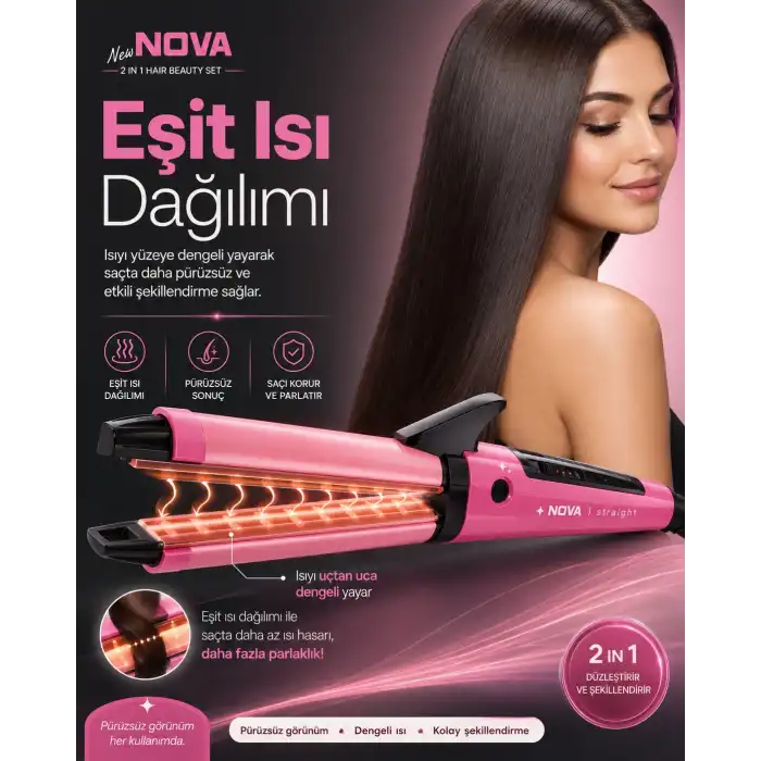 Ev Tipi Kullanıma Uygun 2 Fonksiyonlu Saç Düzleştirici ve Bukle Yapıcı Maşa
