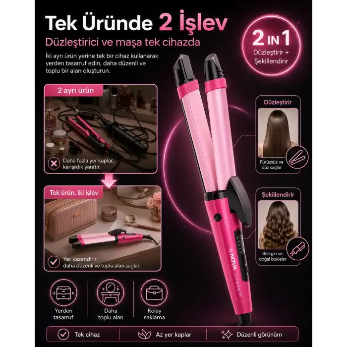 Ev Tipi Kullanıma Uygun 2 Fonksiyonlu Saç Düzleştirici ve Bukle Yapıcı Maşa