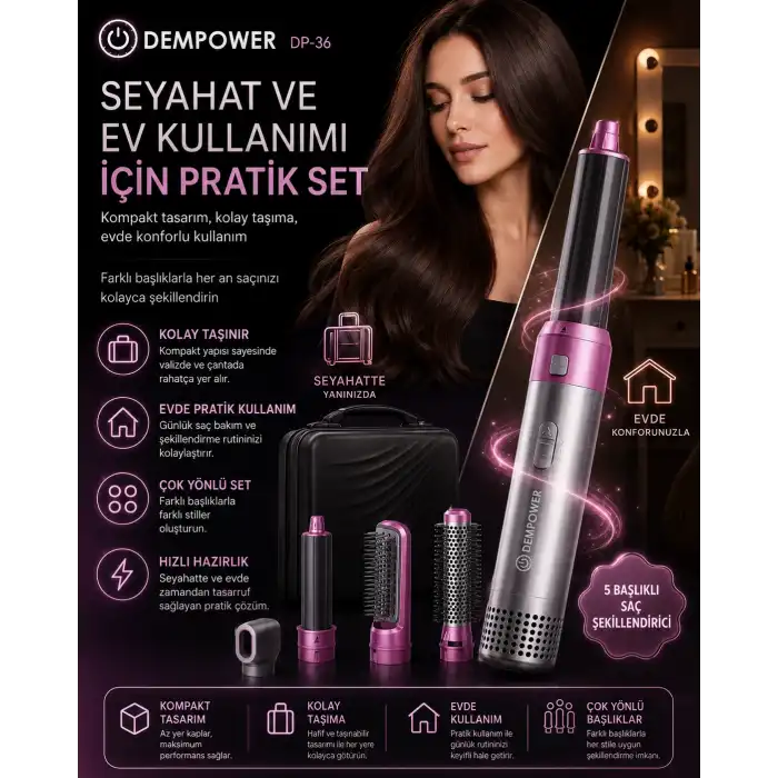 5 Başlıklı Çok Fonksiyonlu Saç Şekillendirici Fön Fırçası ve Bukle Yapıcı Set
