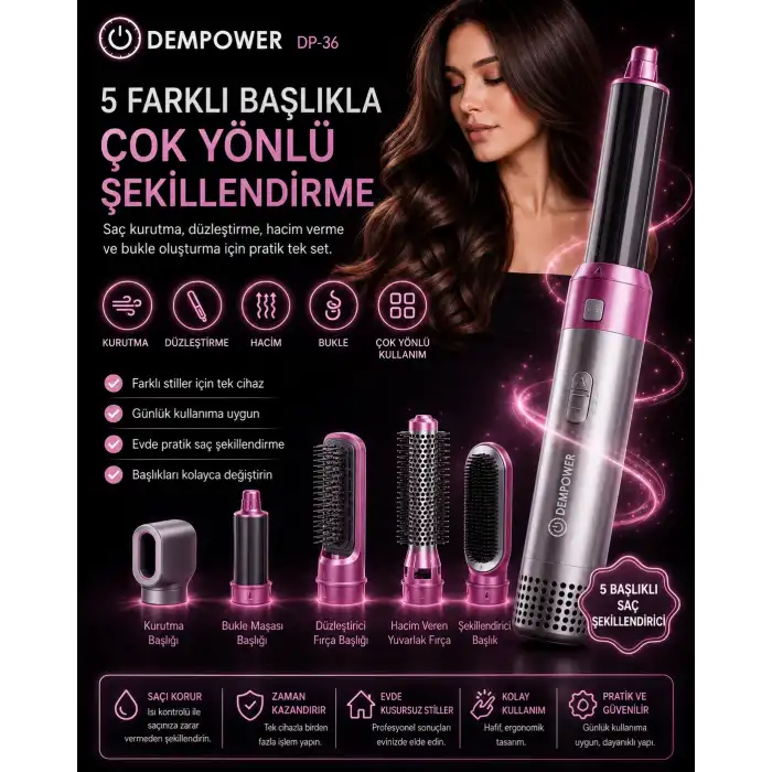 5 Başlıklı Çok Fonksiyonlu Saç Şekillendirici Fön Fırçası ve Bukle Yapıcı Set
