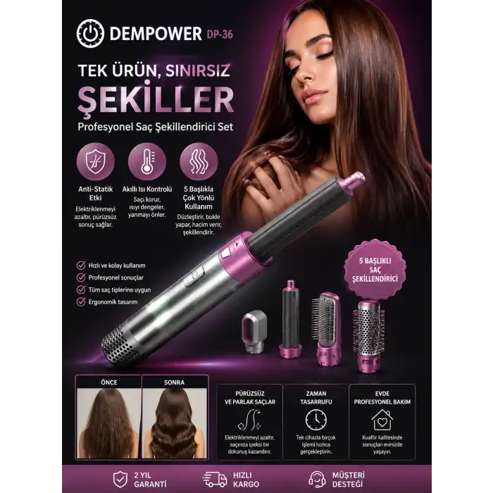 5 Başlıklı Çok Fonksiyonlu Saç Şekillendirici Fön Fırçası ve Bukle Yapıcı Set