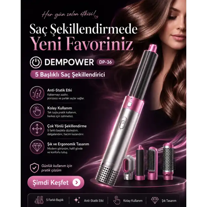 5 Başlıklı Çok Fonksiyonlu Saç Şekillendirici Fön Fırçası ve Bukle Yapıcı Set