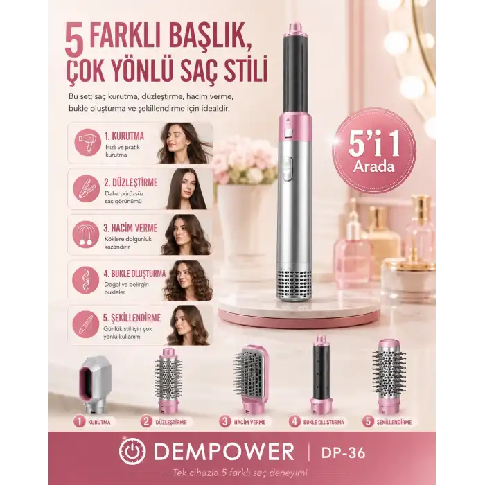 Kadınlar İçin 5 Başlıklı Saç Şekillendirme Seti Fön, Düzleştirme ve Bukle Aparatlı