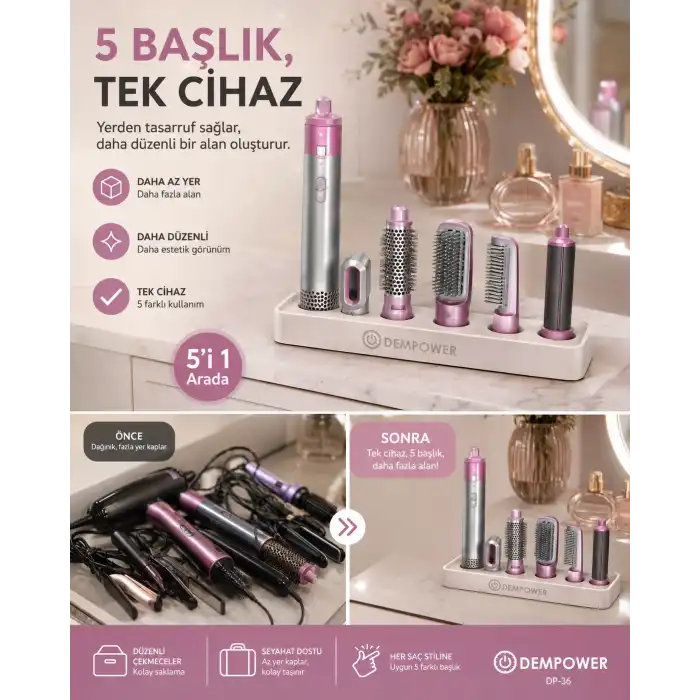 Kadınlar İçin 5 Başlıklı Saç Şekillendirme Seti Fön, Düzleştirme ve Bukle Aparatlı