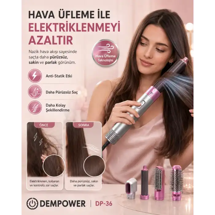 Kadınlar İçin 5 Başlıklı Saç Şekillendirme Seti Fön, Düzleştirme ve Bukle Aparatlı