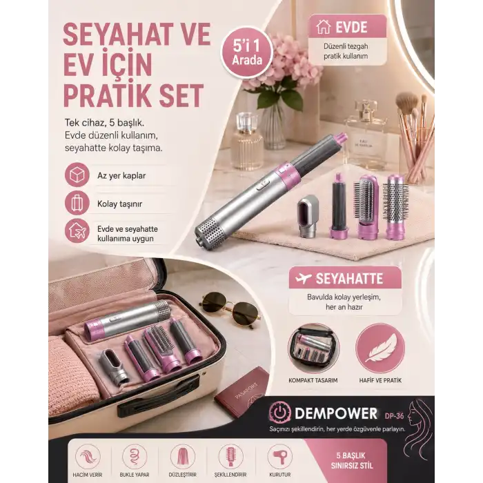 Kadınlar İçin 5 Başlıklı Saç Şekillendirme Seti Fön, Düzleştirme ve Bukle Aparatlı