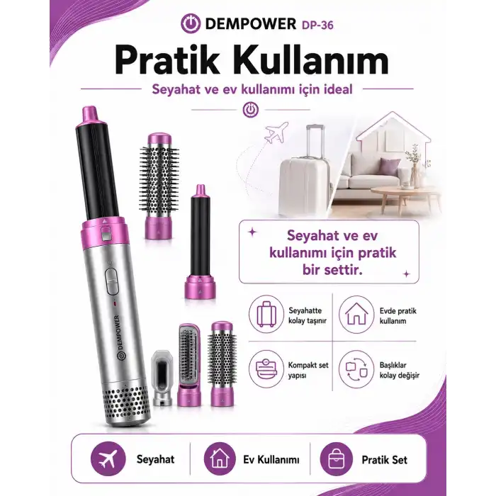 Anti Statik Etkili 5 Başlıklı Saç Şekillendirici Sıcak Hava Fırçası ve Maşa Seti