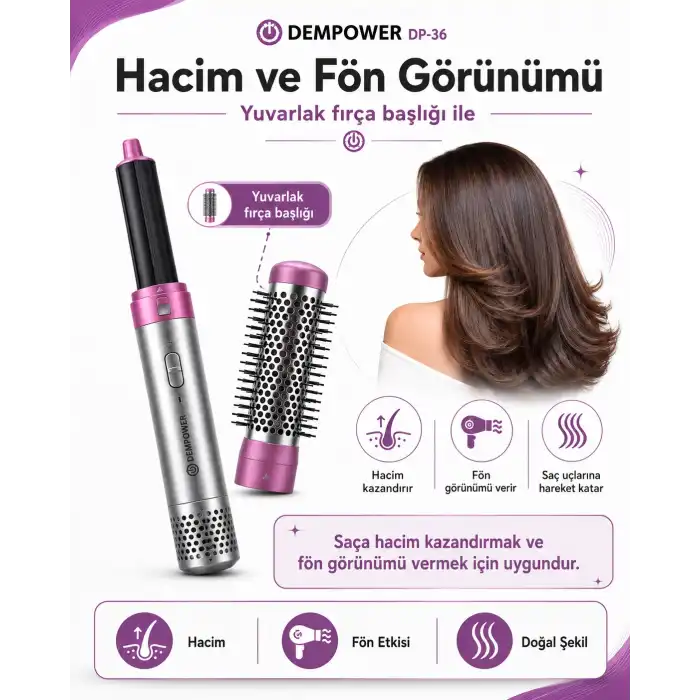 Anti Statik Etkili 5 Başlıklı Saç Şekillendirici Sıcak Hava Fırçası ve Maşa Seti