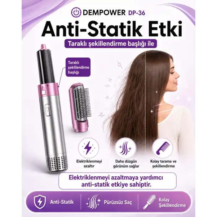 Anti Statik Etkili 5 Başlıklı Saç Şekillendirici Sıcak Hava Fırçası ve Maşa Seti