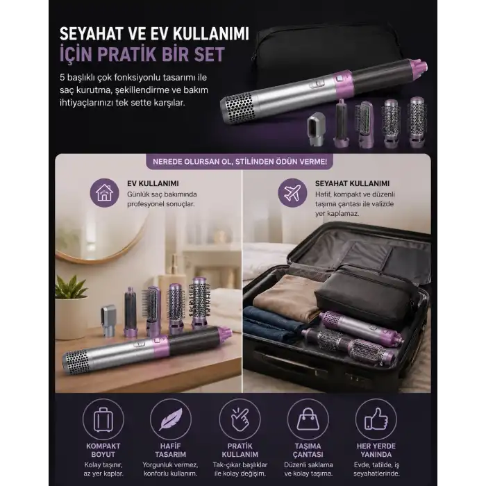 Ev Tipi Kullanıma Uygun 5 Aparatlı Saç Şekillendirici Fön Fırçası ve Dalga Seti