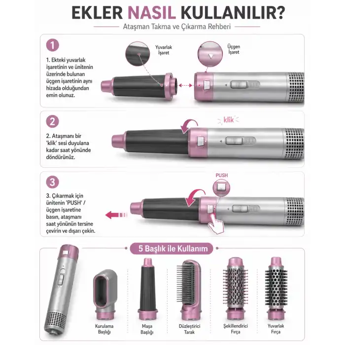 Hacimli Fön, Dalgalı Saç ve Bukle İçin 5 Başlıklı Çok Amaçlı Saç Şekillendirici