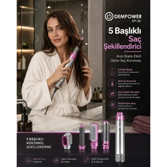 Hacimli Fön, Dalgalı Saç ve Bukle İçin 5 Başlıklı Çok Amaçlı Saç Şekillendirici