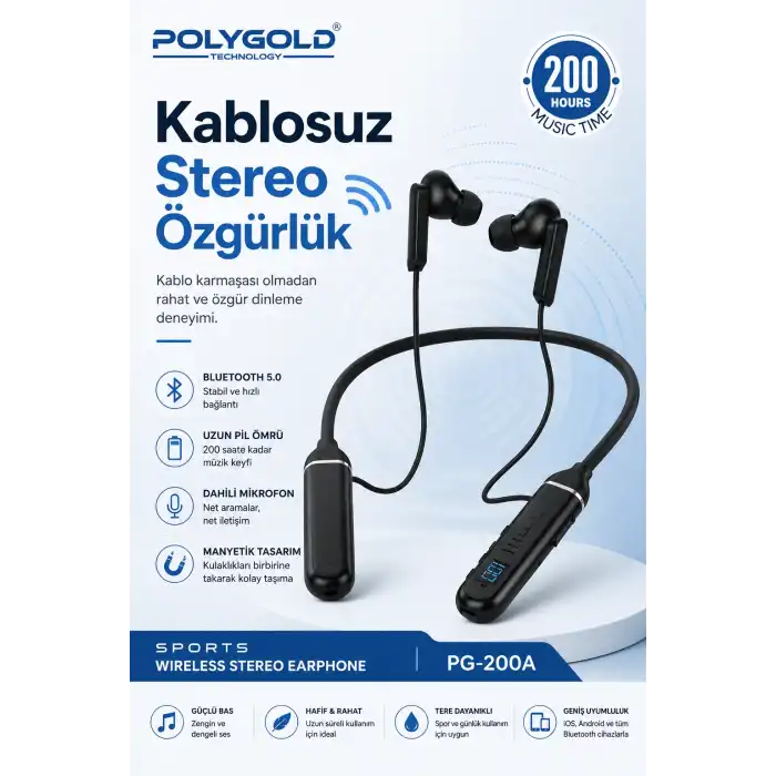 Kablosuz Stereo Spor Boyun Askılı Kulaklık 200 Saat Müzik Süreli Mikrofonlu
