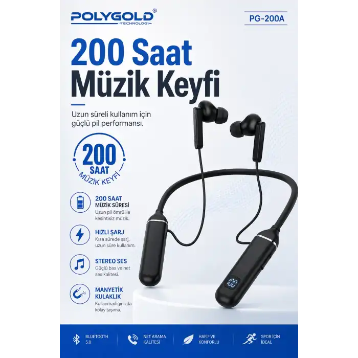 Kablosuz Stereo Spor Boyun Askılı Kulaklık 200 Saat Müzik Süreli Mikrofonlu