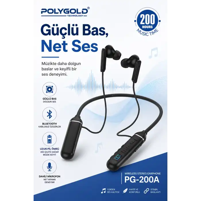 Kablosuz Stereo Spor Boyun Askılı Kulaklık 200 Saat Müzik Süreli Mikrofonlu