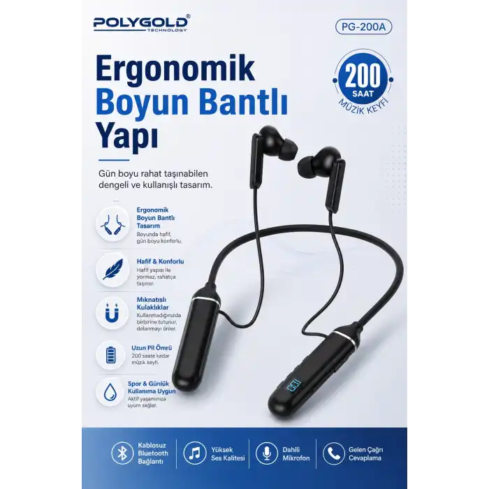 Kablosuz Stereo Spor Boyun Askılı Kulaklık 200 Saat Müzik Süreli Mikrofonlu