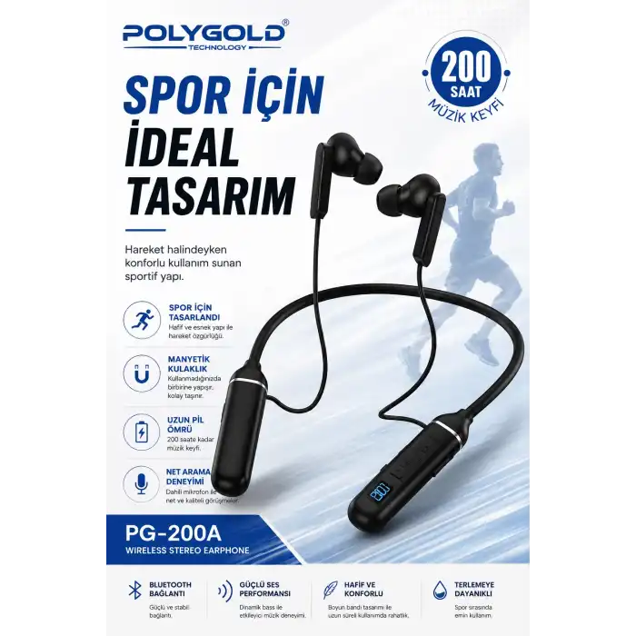 Kablosuz Stereo Spor Boyun Askılı Kulaklık 200 Saat Müzik Süreli Mikrofonlu