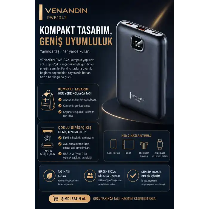 10000 mAh Dijital Göstergeli Hızlı Şarj Destekli Taşınabilir Powerbank