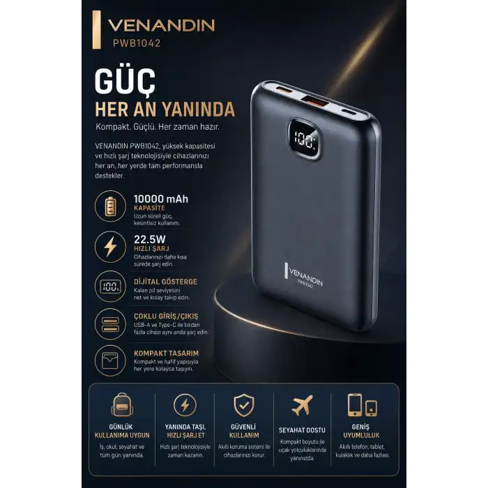 10000 mAh Dijital Göstergeli Hızlı Şarj Destekli Taşınabilir Powerbank