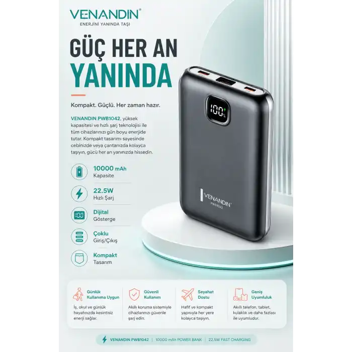 22.5W Hızlı Şarj Özellikli 10000 mAh Kapasiteli Kompakt Powerbank