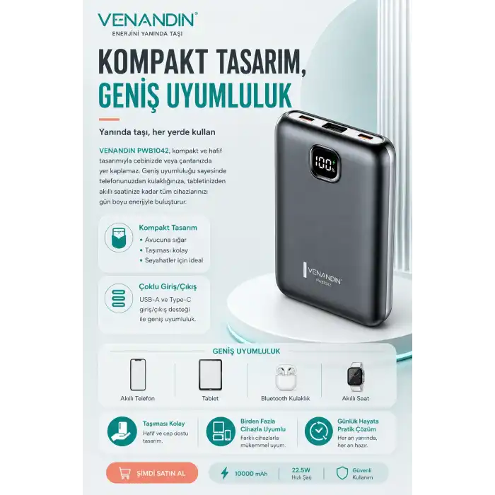 22.5W Hızlı Şarj Özellikli 10000 mAh Kapasiteli Kompakt Powerbank