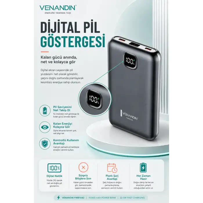 22.5W Hızlı Şarj Özellikli 10000 mAh Kapasiteli Kompakt Powerbank