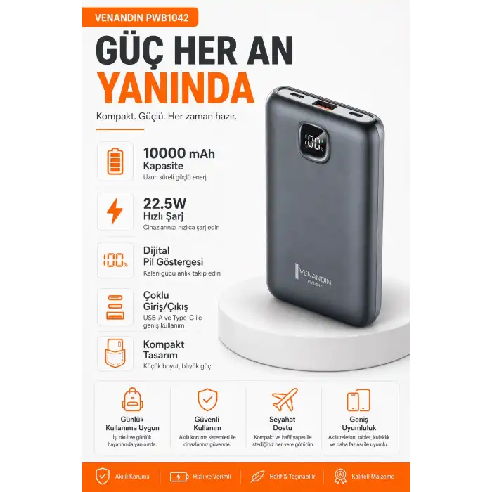 Çok Girişli 10000 mAh Powerbank 22.5W Hızlı Şarj Destekli Mobil Batarya
