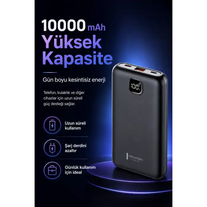 Cep Telefonu Uyumlu 10000 mAh Dijital Göstergeli Hızlı Şarj Powerbank