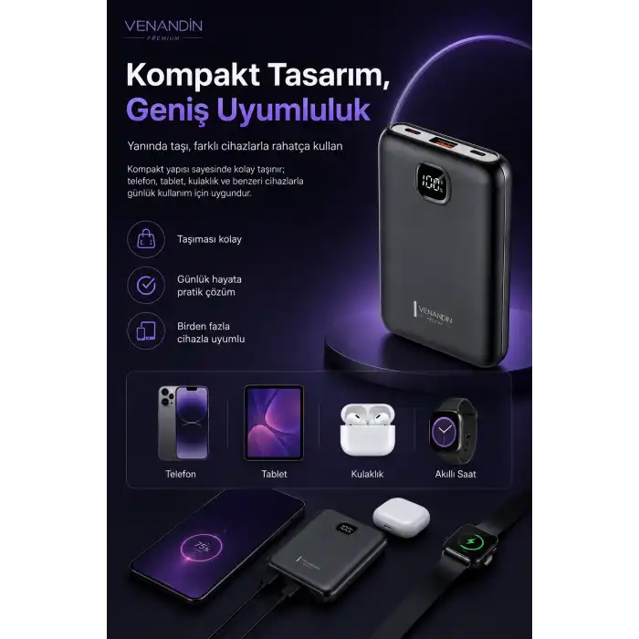 Cep Telefonu Uyumlu 10000 mAh Dijital Göstergeli Hızlı Şarj Powerbank