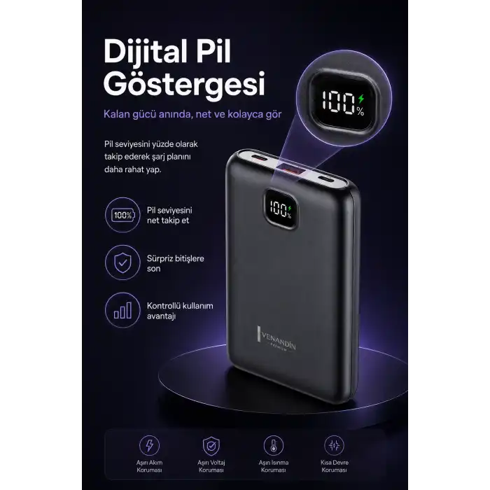 Cep Telefonu Uyumlu 10000 mAh Dijital Göstergeli Hızlı Şarj Powerbank
