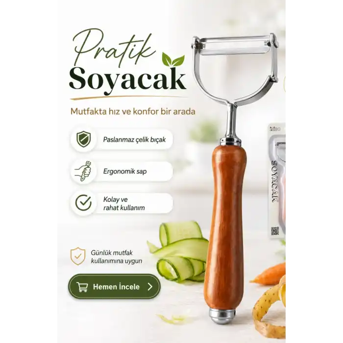 Ahşap Saplı Tek Başlıklı Metal Sebze ve Meyve Soyacağı Ergonomik Mutfak Aparatı