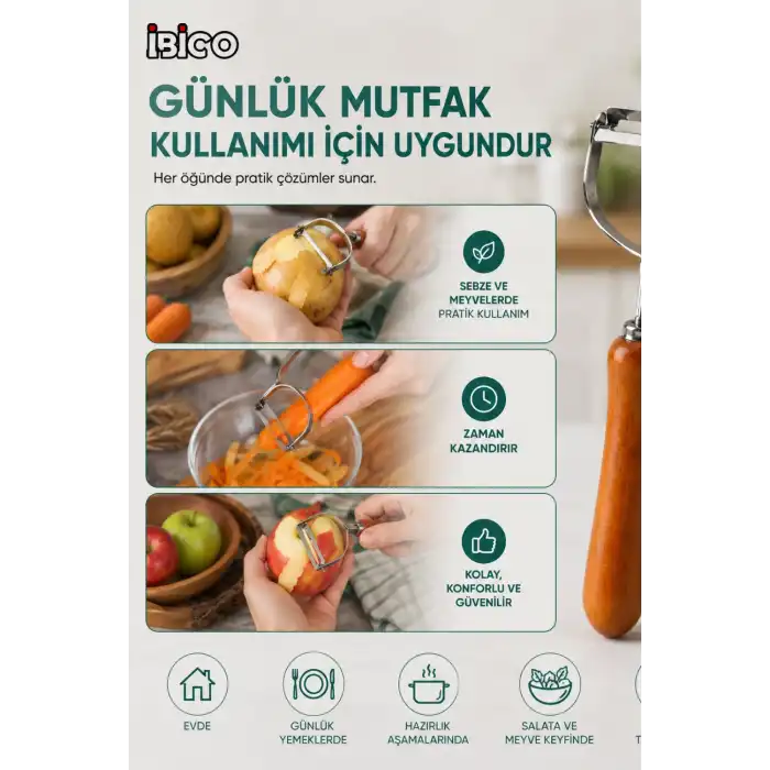 Ahşap Saplı Tek Başlıklı Metal Sebze ve Meyve Soyacağı Ergonomik Mutfak Aparatı