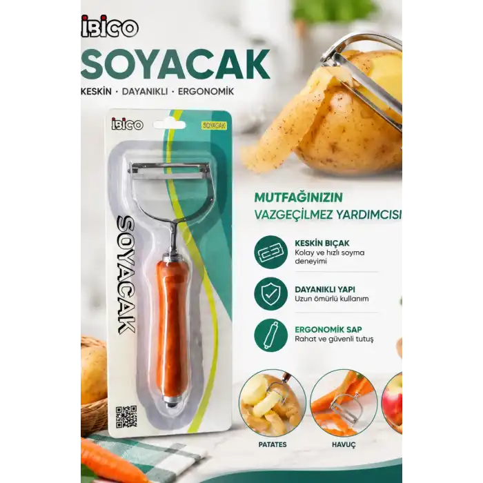 Ahşap Saplı Tek Başlıklı Metal Sebze ve Meyve Soyacağı Ergonomik Mutfak Aparatı