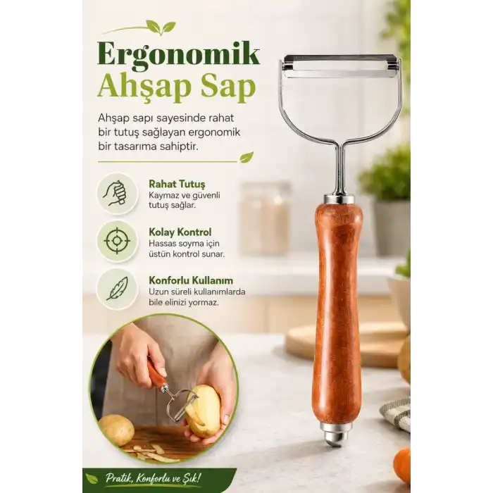 Ergonomik Ahşap Saplı Metal Meyve Sebze Soyacağı Tek Başlıklı Pratik Soyacak