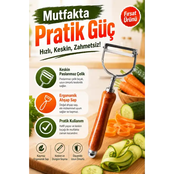 Paslanmaz Metal Başlıklı Ahşap Saplı Sebze Meyve Soyacağı Mutfak Gereci