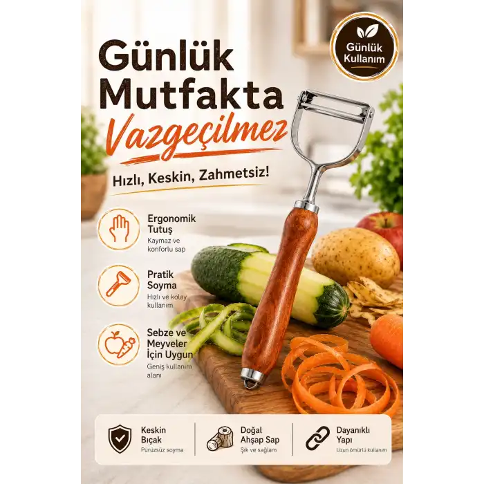 Paslanmaz Metal Başlıklı Ahşap Saplı Sebze Meyve Soyacağı Mutfak Gereci