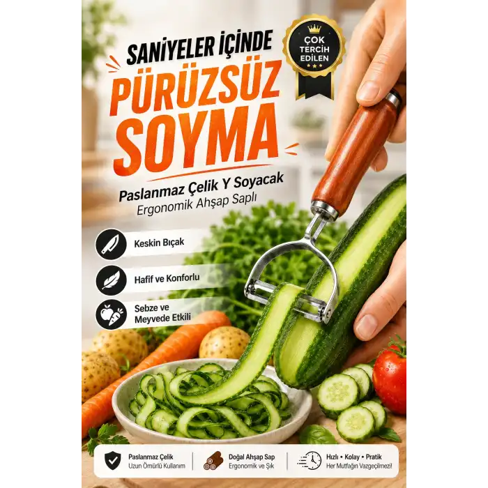 Paslanmaz Metal Başlıklı Ahşap Saplı Sebze Meyve Soyacağı Mutfak Gereci