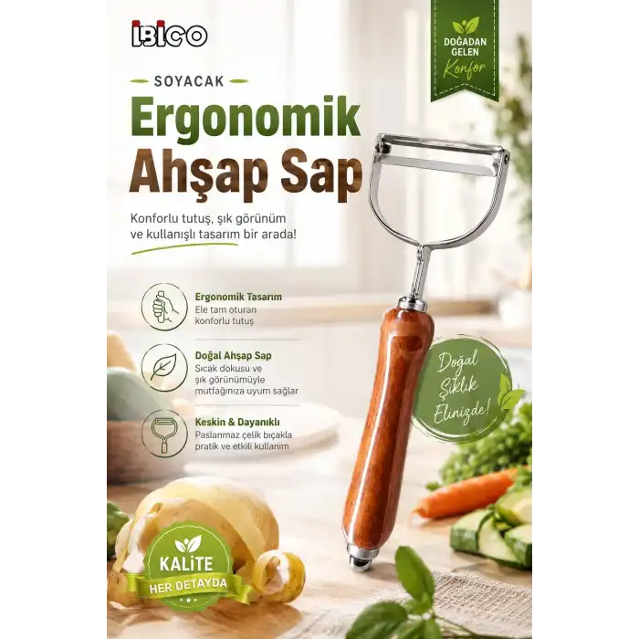 Ahşap Görünümlü Saplı Metal Sebze Meyve Soyacağı Dayanıklı Mutfak Yardımcısı