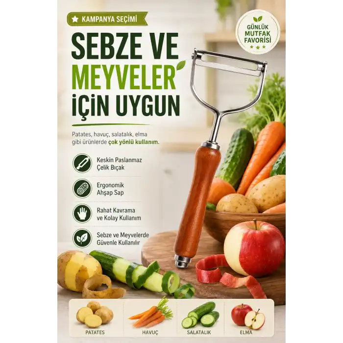 Ahşap Görünümlü Saplı Metal Sebze Meyve Soyacağı Dayanıklı Mutfak Yardımcısı