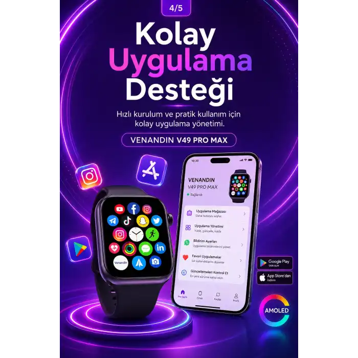 Spor Takip Özellikli AMOLED Ekran Akıllı Saat Telefon Uyumlu Bluetooth Bağlantılı